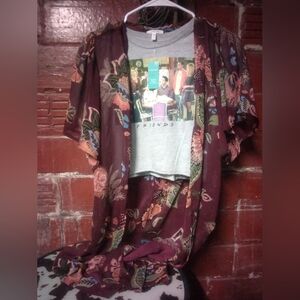 Maurices Floral Kimono and Graphic Tee Set - Burgundy and Gray